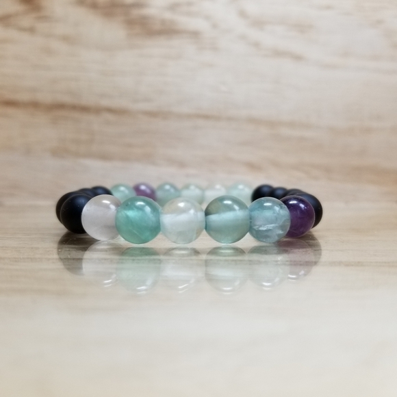 Fluorite & Black Onyx Beaded Stretch Brace… - Picture 2 of 6